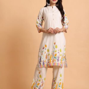 Ivory Cotton Comfort Kurta Set with Vibrant Botanical Print