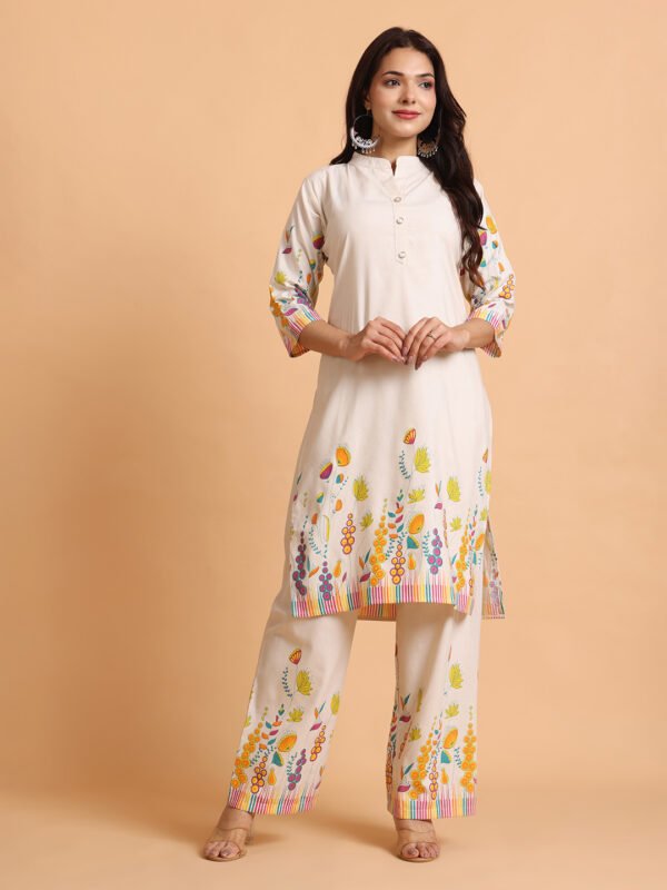 Ivory Cotton Comfort Kurta Set with Vibrant Botanical Print