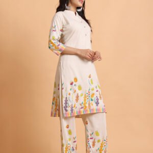 Ivory Cotton Comfort Kurta Set with Vibrant Botanical Print - Image 5