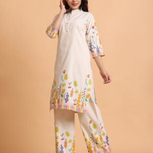 Ivory Cotton Comfort Kurta Set with Vibrant Botanical Print - Image 2