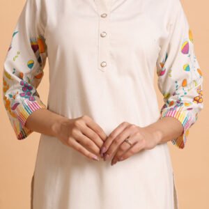 Ivory Cotton Comfort Kurta Set with Vibrant Botanical Print - Image 3