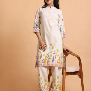 Ivory Cotton Comfort Kurta Set with Vibrant Botanical Print - Image 7